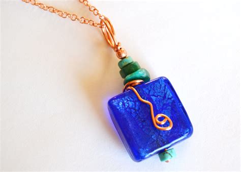 Cobalt Blue Foil Lined Glass Necklace With Turquoise Adventurine And