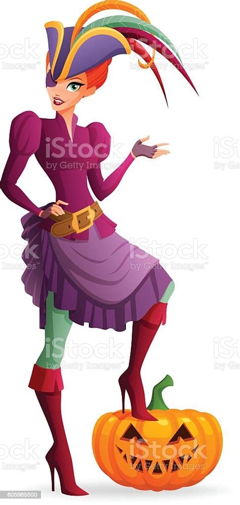 Woman In Pirate Halloween Costume With Pumpkin Cartoon Vector