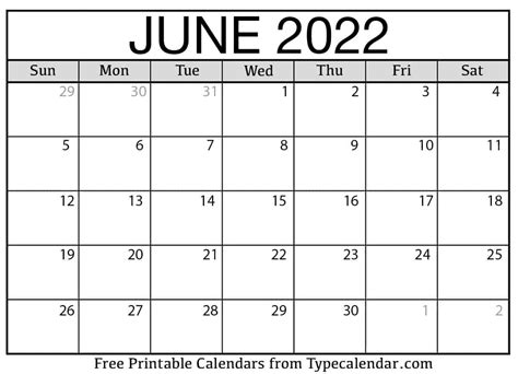 Blank Calendar Template June 2022