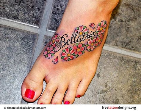 Flower Tattoos On Foot With Words