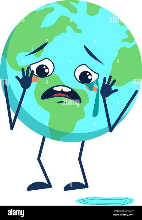 Cute Planet Earth Character With Crying And Tears Emotions Face Arms