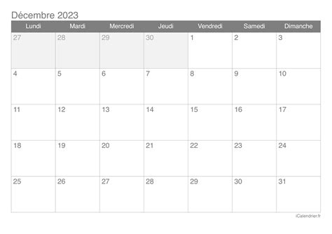 Calendrier Décembre 2023 à Imprimer Icalendrier