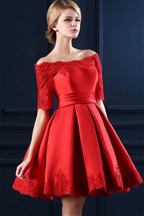 Ball Gown Off The Shoulder Short Sleeve Red Satin Lace Corset Prom Dress