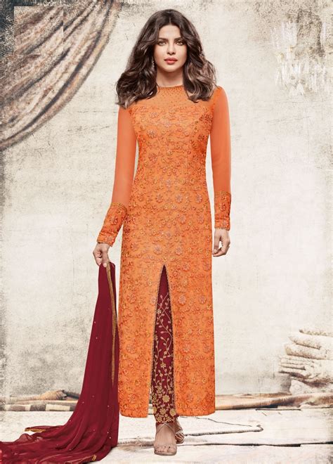 Buy Priyanka Chopra Peach Color Net Straight Cut Salwar Kameez In Uk Usa And Canada