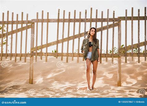 Beautiful Young Woman Posing Near A Wood Fence Stock Image Image Of
