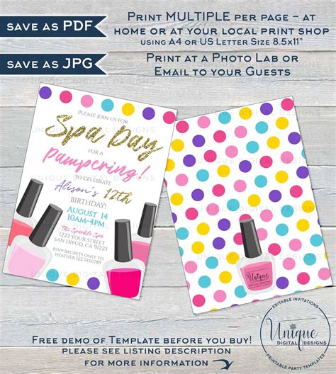 Editable Spa Party Girls Day Out Invitation Girls Spa Day Birthday I