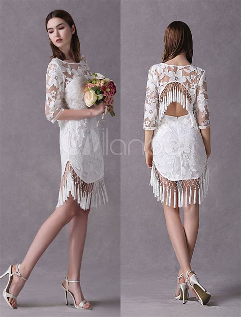 Boho Wedding Dresses White Short Beach Bridal Dress Lace Tassels Half