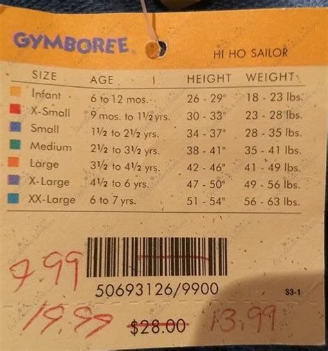 1996 Gymboree Hi Ho Sailor Size Chart Girl Kid Size Chart