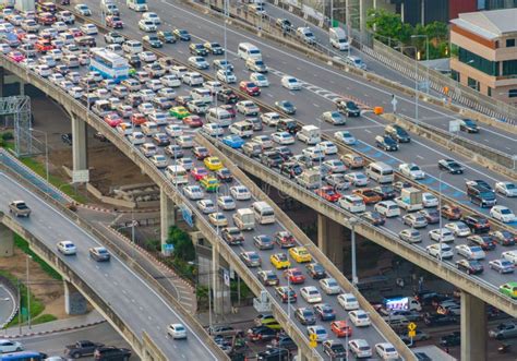 Aerial View Of Busy Cars With Traffic Jam In The Rush Hour On Highway