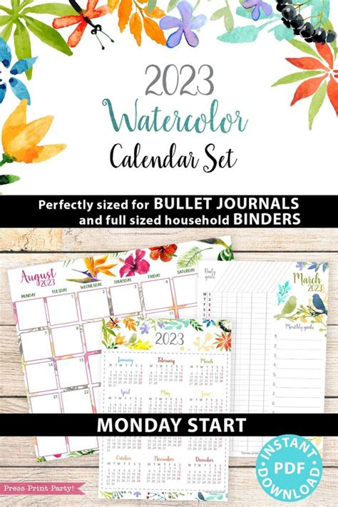 2023 Calendar Printable Bundle Monday Start Watercolor Design Bullet