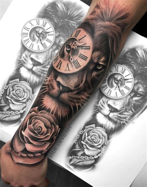 Grey rose tattoo on right hand. Lion tattoo Lion Rose tattoo realistic sleeve tattoo rose ...