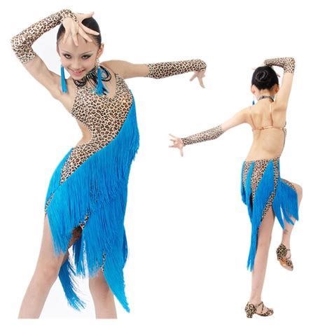 New Sexy Backless Leopard Latin Dance Dress Wblue Thick Tassels For