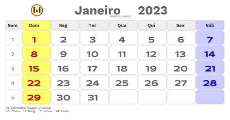 Calendário De Janeiro De 2023 Com Feriados Nacionais Fases Da Lua E