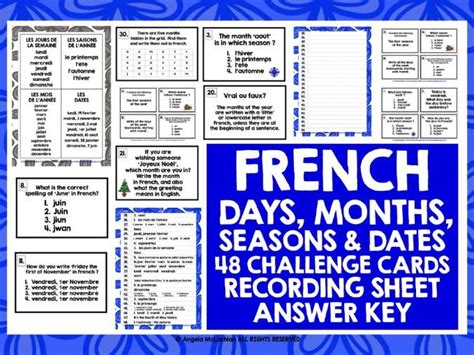 French Days Months Seasons Dates Challenge Cards Teaching Resources
