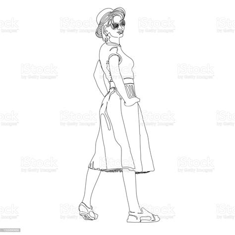 A Continuous Line Drawing Of A Slender Girl In A Straw Hat Sunglasses