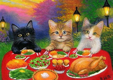 Situated in southeastern connecticut on 100 acres of lovely new england landscape, it is a great destination for shopping at our farm stand, visiting the animals and seeing a small family farm that above all values the health of its customers and the environment. Kittens cats Thanksgiving dinner garden lamps evening original aceo painting art #Realism | Cats ...