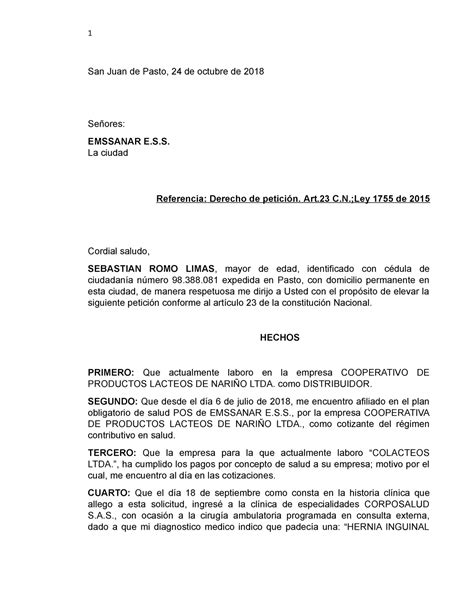 Derecho DE Peticion Salud MINUTA MODELO San Juan de Pasto de octubre de Señores
