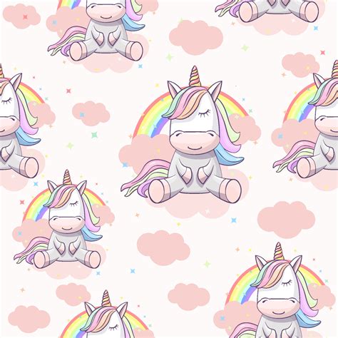 Seamless Pattern With Unicorn On The Clouds With A Rainbow Texture Of