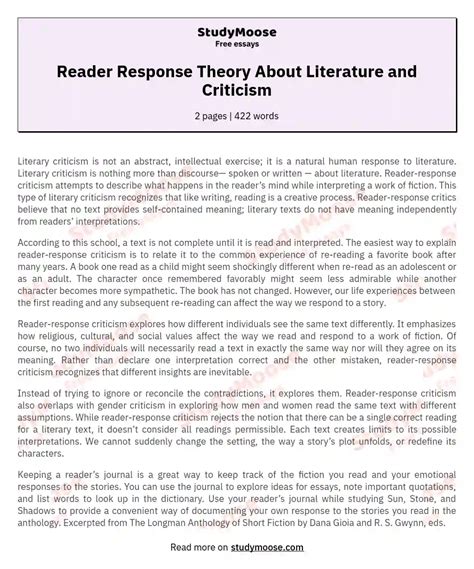Reader Response Theory About Literature And Criticism Free Essay Example