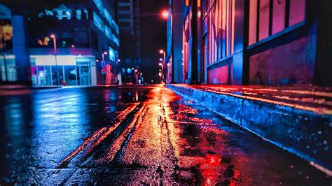 Download Wallpaper 1366x768 Street Night Wet Neon City Tablet Laptop Hd Background