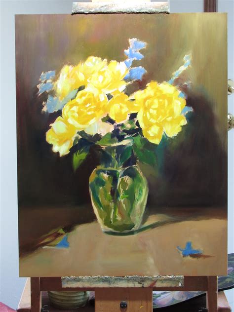 Donna Munsch Fine Art Original Oil Painting Yellow Roses With Delphiniums