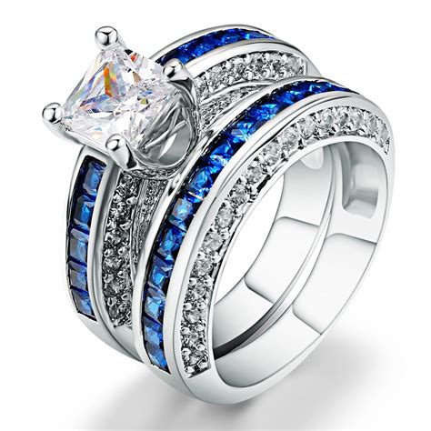 K Gold Blue Sapphire Wedding Engagement Bridal Rings Sets For Women
