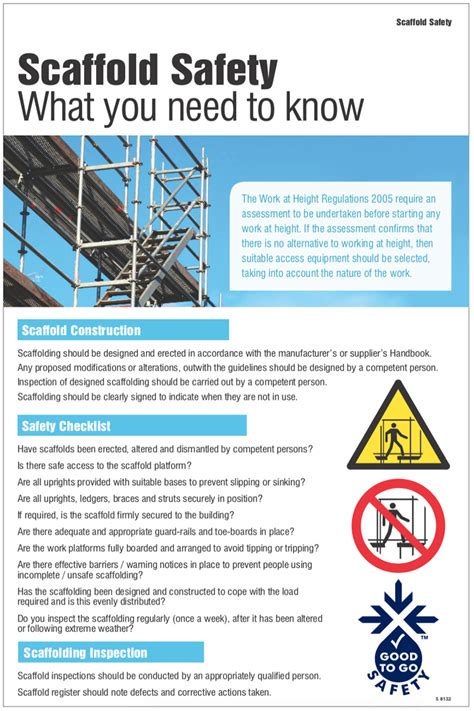 This can be above or below ground, so if you are working on a roof or beside a trench and you could fall, you are working at height. Scaffold Safety Poster (Work At Height Regulations 2005 ...