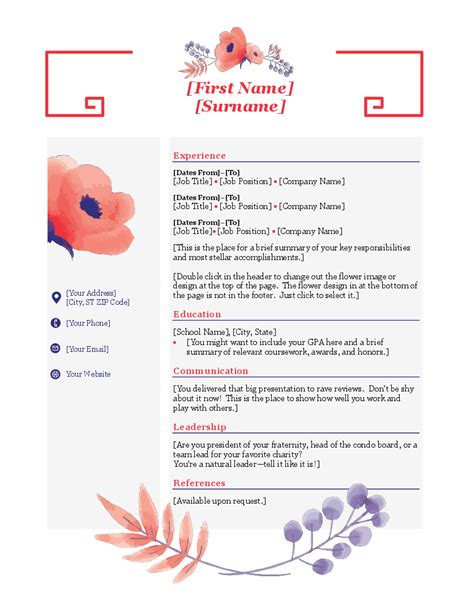 Flower Resume Template Pink Resume Cv Template Professional Etsy My