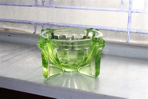 Fry Glass Art Deco Green Uranium Depression Glass Ashtray