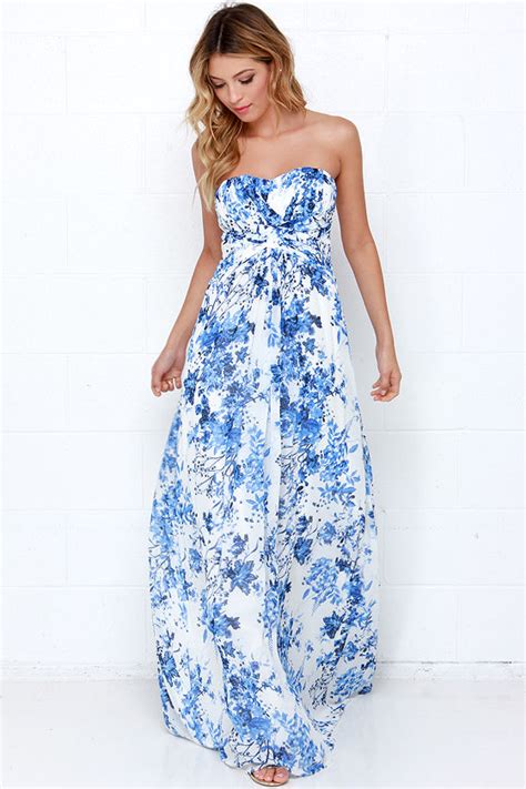 Beautiful Blue And Ivory Maxi Dress Floral Print Dress 10500 Lulus