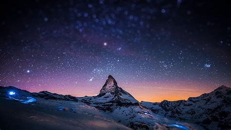 Hd Wallpaper Starry Night Sky Stars Matterhorn Alps Mountain