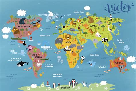 Vinyl Rug For Kids World Map With Animals Tenstickers