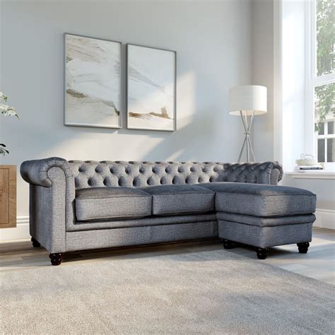 Hampton Grey Velvet Plush L Shape Chesterfield Corner Sofa Furniture