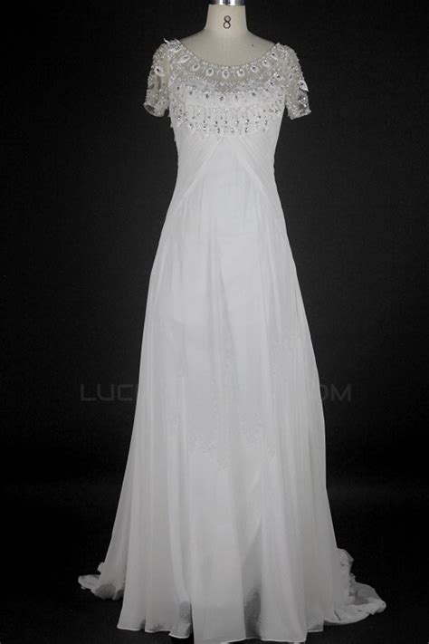 Sheathcolumn Short Sleeves Beaded Chiffon Bridal Wedding Dresses Wd010216