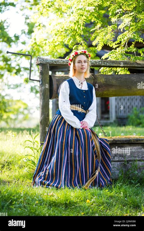 Latvian Woman In Traditional Clothing Ligo Folk Stock Photo Alamy