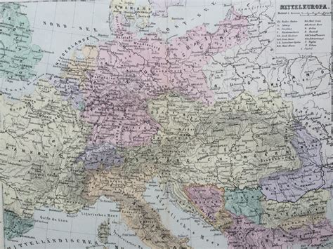1880 Central Europe Original Antique Map Vintage Wall Decor