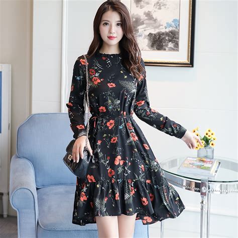 Korean Fashion 2019 New Fashion Women Long Sleeve Floral Print Dress