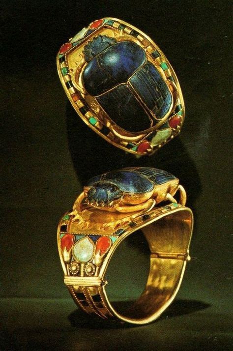 Gold Bangle With Openwork Scarab Encrusted With Lapis Lazuli The Small