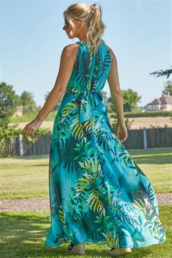 Tropical Print Maxi Dress In Aqua Roman Originals Uk