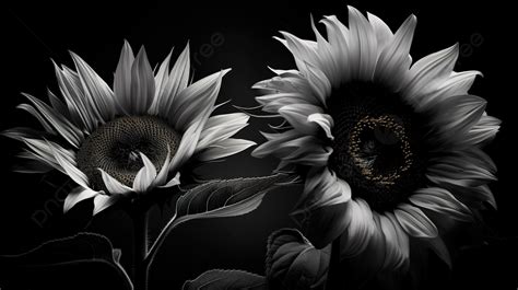 Black And White Photograph Of Two Sunflowers Surrounded By Black