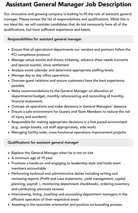 Assistant General Manager Job Description Velvet Jobs