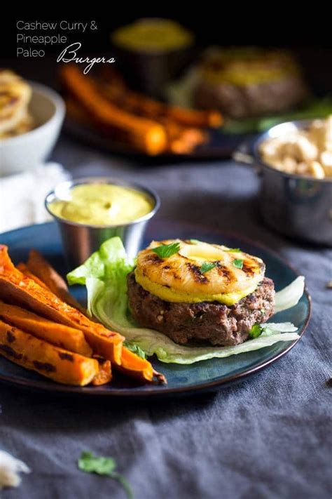 Paleo Burgers With Grilled Pineapple And Curry Cashew Cream Topped