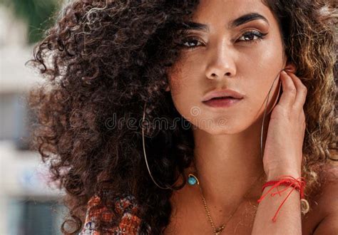 Beauty Portrait Of Attractive Colombian Woman With Afro Hairstyle And