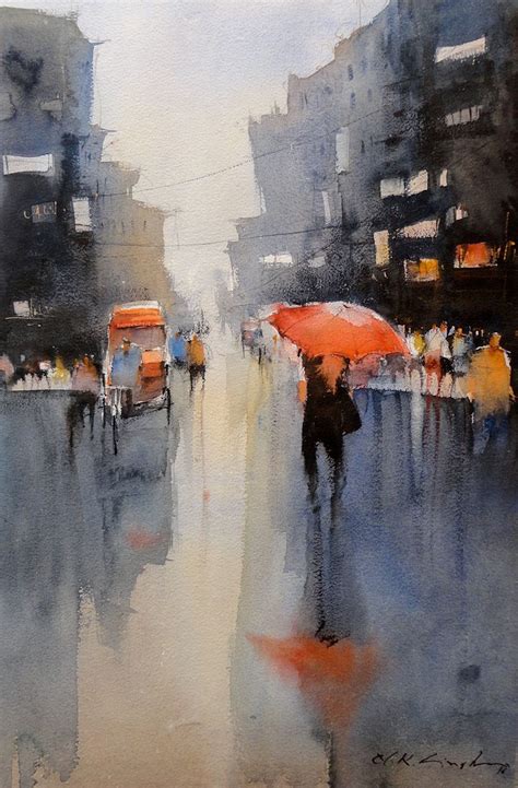 Indian Street Rainy Day Watercolor Акварельное искусство