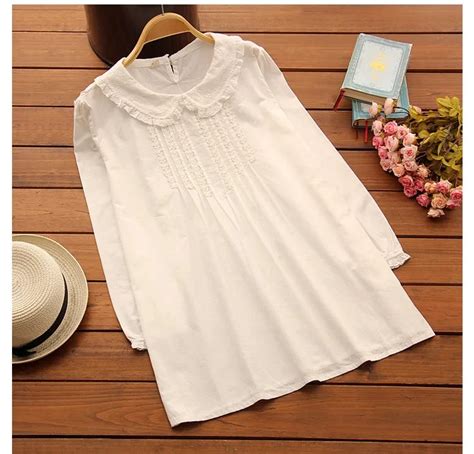 Hollow Out Embroidery Peter Pan Collar Cotton 100 White Long Sleeve