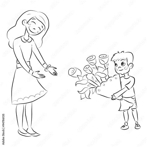 Black And White Cartoon Boy Giving Flowers To Mother Stock Illustration