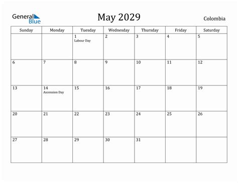 May 2029 Monthly Calendar With Colombia Holidays