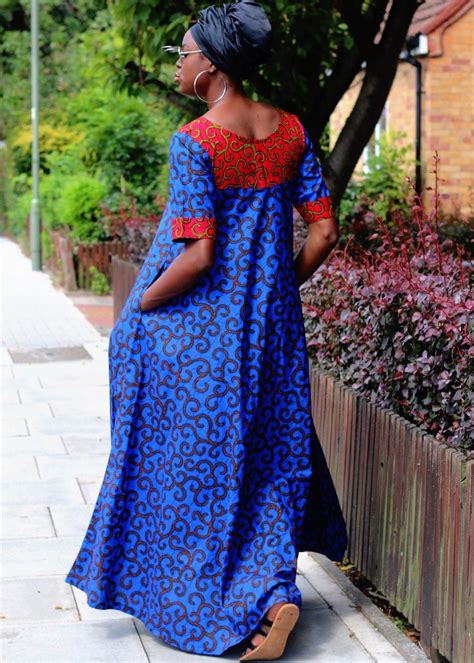 vibrant blue ankara print maxi dress custom made with 100 cotton ankara fabric designed to