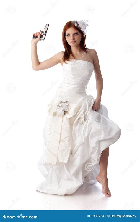 Young Woman In A Wedding Dress With Gun Stock Image Image Of Pistol