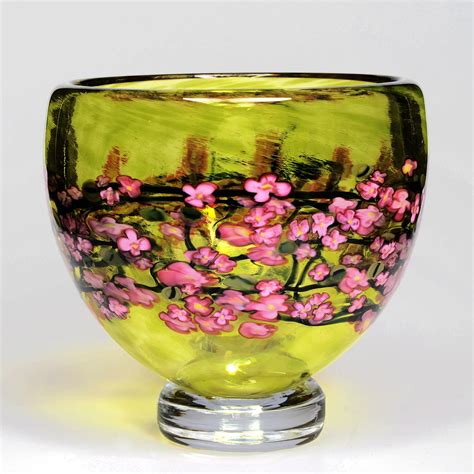 Cherry Blossom Footed Bowl On Lime By Shawn Messenger Art Glass Bowl